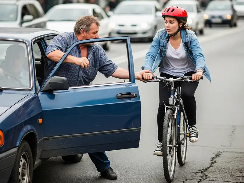 A bicyclist in downtown Olympia barely misses being hit by a car door