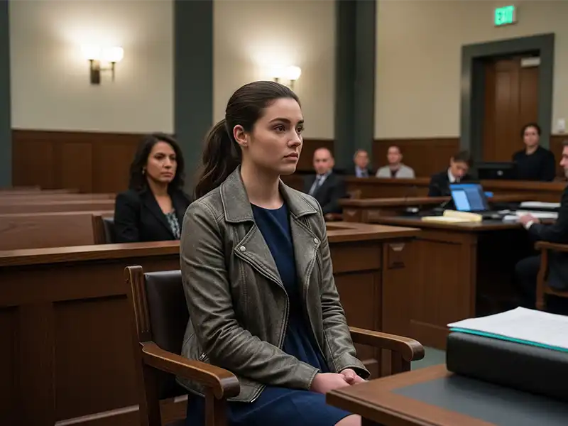 A woman in a courtroom scene in Olympia, WA, representing criminal defense services by Morgan Hill P.C.