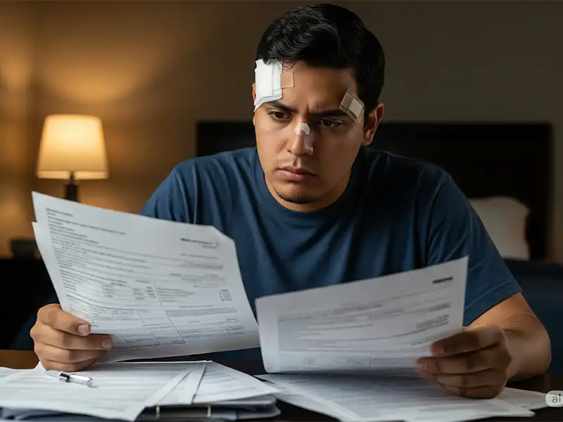 Injured person reviewing medical bills and paperwork after a DUI crash