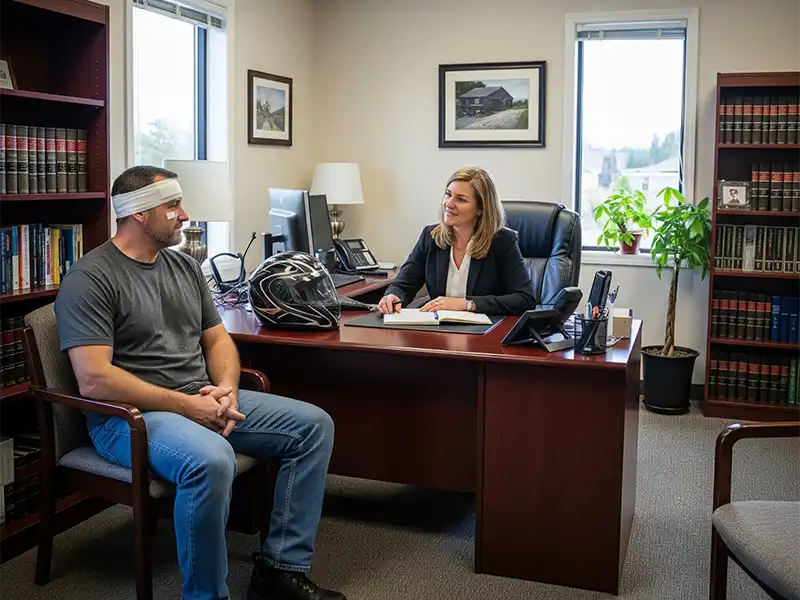 Motorcycle accident victim receiving free consultation at Morgan Hill PC in Olympia