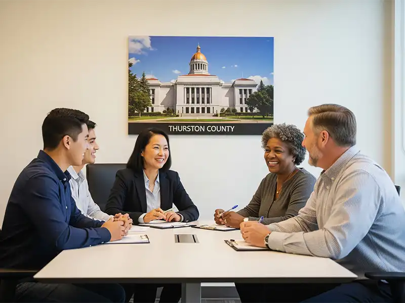 Group in mediated discussion for family or business disputes at Morgan Hill P.C. in<br />
Olympia, WA.