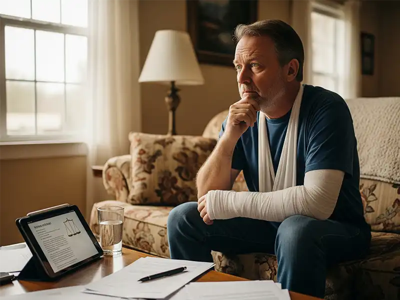 An injured person at home weighing the decision to hire a lawyer with Morgan Hill PC after an accident