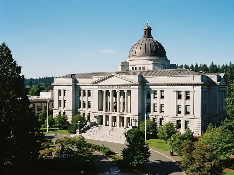 Exterior of Thurston County Courthouse in Olympia, WA, where wrongful death cases may be heard.