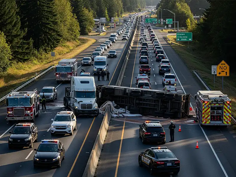 Overturned semi-truck on I-5 in Olympia due to driver fatigue